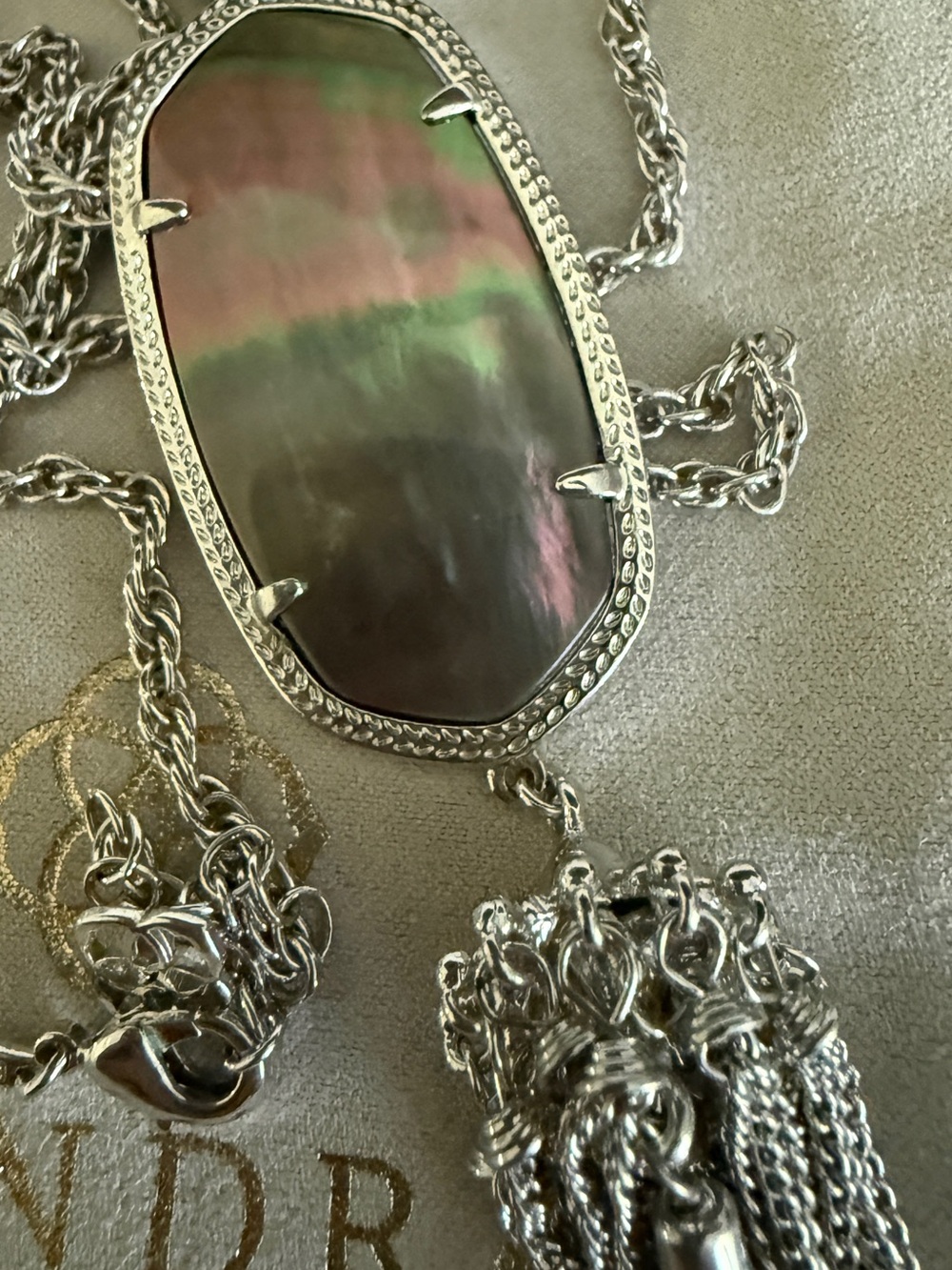 Kendra Scott Rayne long pendant necklace iridescent abalone silvertone chain
